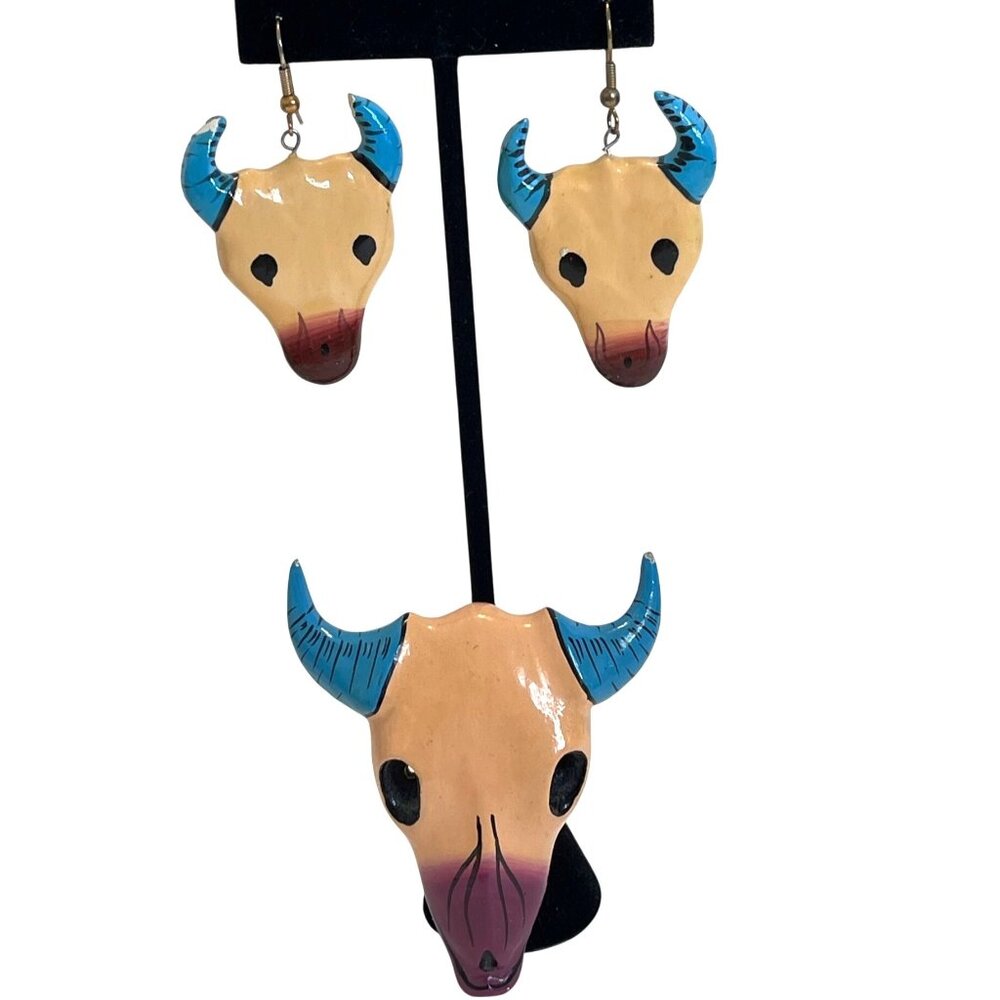Southwest Western Cow Skull Pin Wire Earrings Set Artisan Painted Brooch READ - Picture 8 of 9